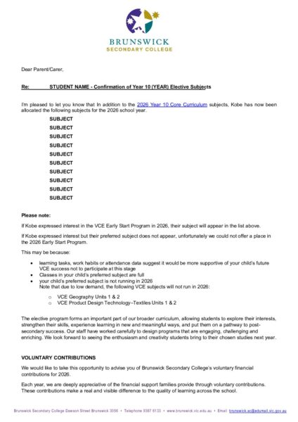 Voluntary Contributions - Year 10