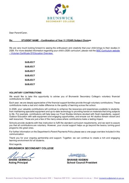 Voluntary Contributions - Year 11